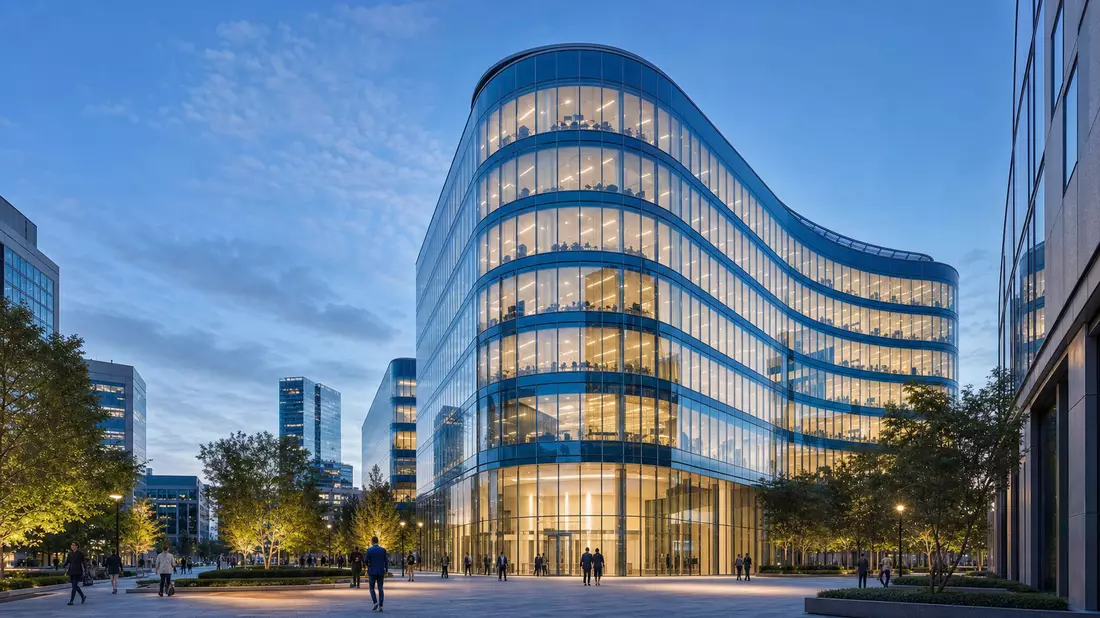 Photorealistisches 3D-Render eines geschwungenen Glashochhauses in städtischer Umgebung bei Dusk