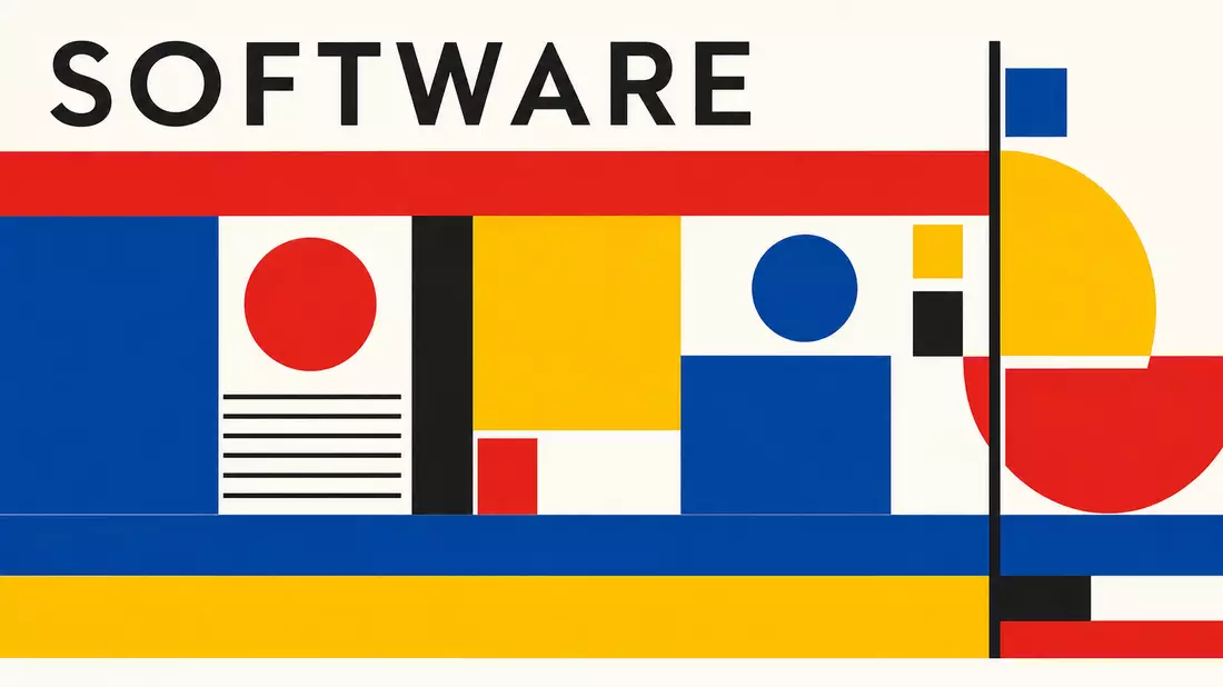 Bauhaus-Grafikposter SOFTWARE mit geometrischen Primärfarben-Formen im Konstruktivismus-Stil