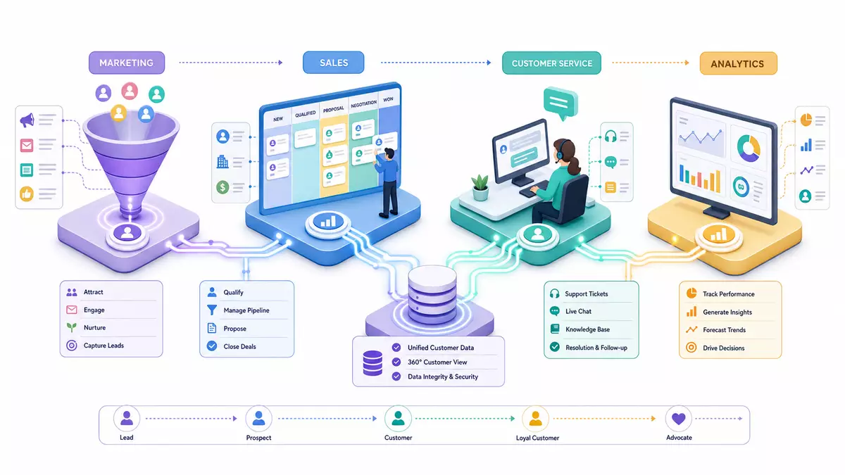 Isometrische 3D-Illustration der CRM-Wertschöpfungskette: Marketing, Vertrieb, Service, Analyse