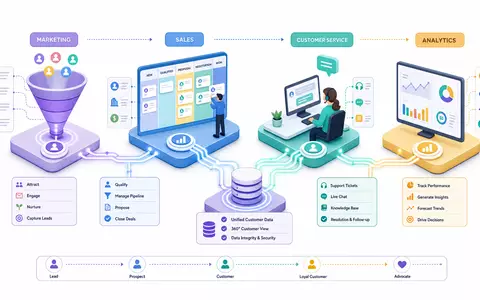 HubSpot CRM-Plattform US4435731009 isometrisches 3D-Diagramm der Wertschöpfungskette von Marketing bis zur Analyse - Foto: THN