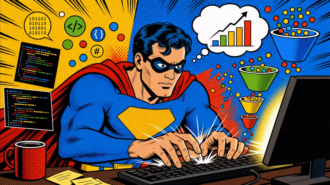 Pop-Art-Comic eines Superhelden-Entwicklers an Computer mit CRM-Funnel und Wachstumschart