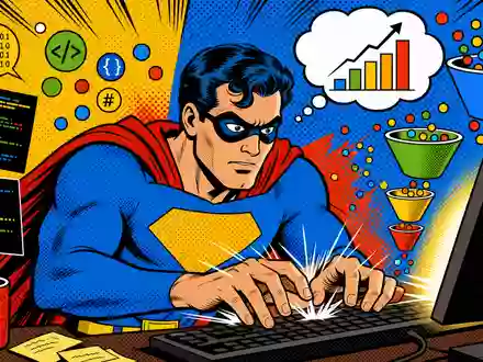 HubSpot Pop-Art US4435731009 bunter Comic-Superheld entwickelt CRM-Software mit stark steigendem Balkendiagramm und Funnel - Foto: THN
