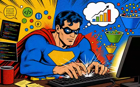 HubSpot Pop-Art US4435731009 bunter Comic-Superheld entwickelt CRM-Software mit stark steigendem Balkendiagramm und Funnel - Foto: THN
