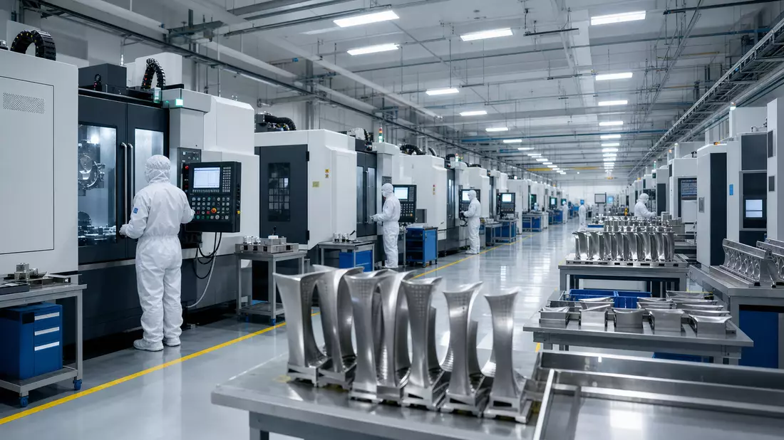 Moderne Luft- und Raumfahrtfabrik mit CNC-Maschinen und Turbinenschaufeln aus Nickelsuperlegierung