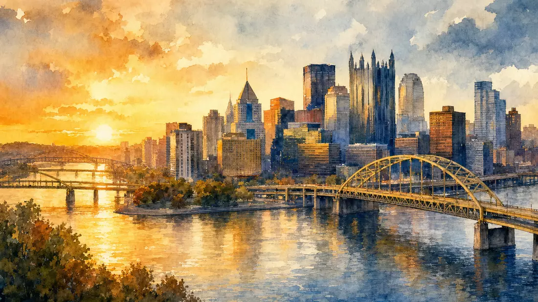 Aquarell-Panorama der Pittsburgh-Skyline mit Brücken über den Allegheny River im Sonnenuntergang