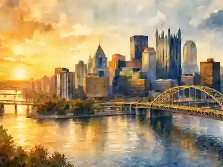 Howmet Aerospace US4432011082 Aquarellgemälde der Pittsburgh-Skyline mit Flüssen und Brücken im goldenen Abendlicht - Foto: THN