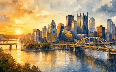 Howmet Aerospace US4432011082 Aquarellgemälde der Pittsburgh-Skyline mit Flüssen und Brücken im goldenen Abendlicht - Foto: THN