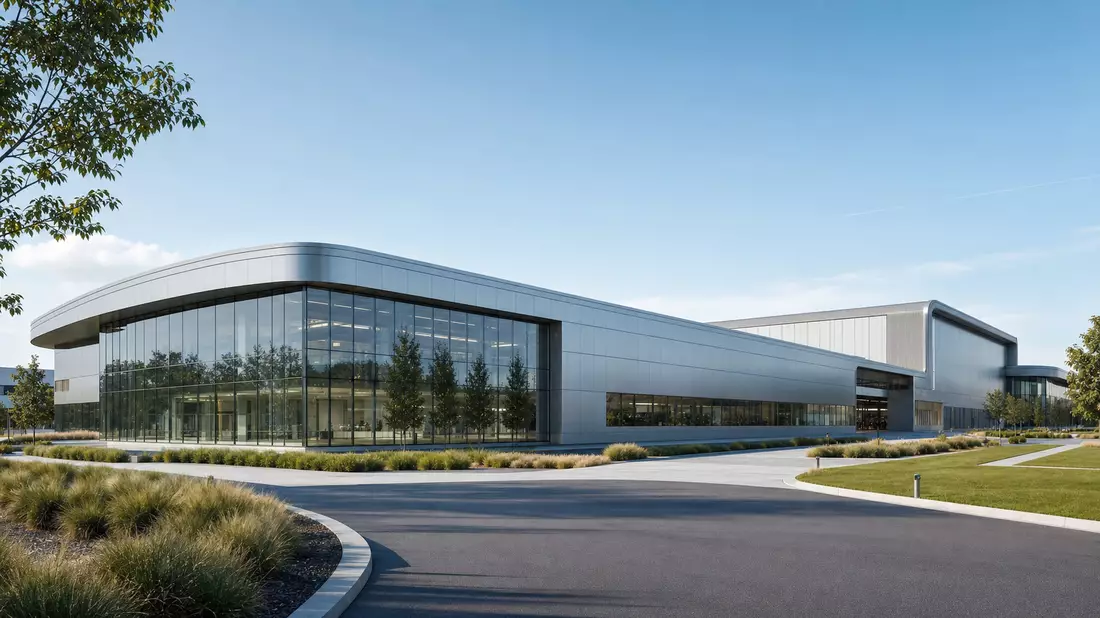 Architekturvisualisierung eines modernen Luft- und Raumfahrt-Fertigungscampus aus Glas und Stahl
