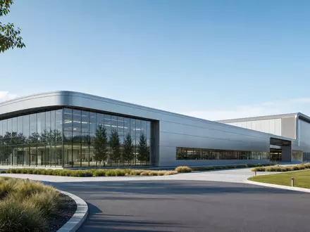 Howmet Aerospace US4432011082 Architektur-Render eines modernen Luft- und Raumfahrt-Forschungscampus mit geschwungenen Glasfassaden - Foto: THN