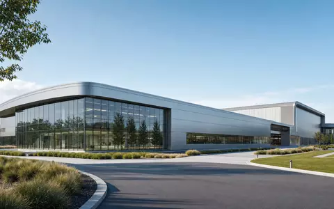 Howmet Aerospace US4432011082 Architektur-Render eines modernen Luft- und Raumfahrt-Forschungscampus mit geschwungenen Glasfassaden - Foto: THN