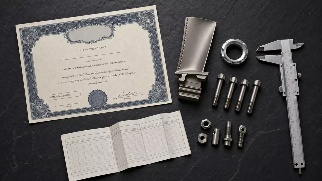 Flatlay mit Aktienzertifikat, ISIN US4432011082, Titanschrauben, Turbinenschaufel und Präzisionsmessschieber