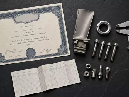 Howmet Aerospace US4432011082 Flatlay mit Vintage-Aktienzertifikat ISIN-Karte Titanschrauben Turbinenschaufel Messschieber und Ringe - Foto: THN