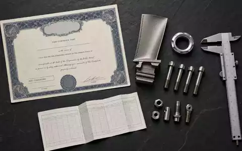 Howmet Aerospace US4432011082 Flatlay mit Vintage-Aktienzertifikat ISIN-Karte Titanschrauben Turbinenschaufel Messschieber und Ringe - Foto: THN