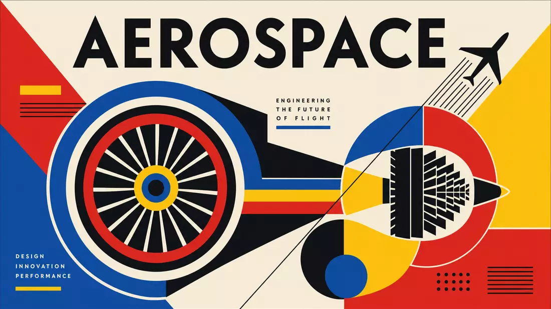 Bauhaus-Poster mit geometrischen Triebwerksformen in Rot Blau Gelb und der Aufschrift AEROSPACE