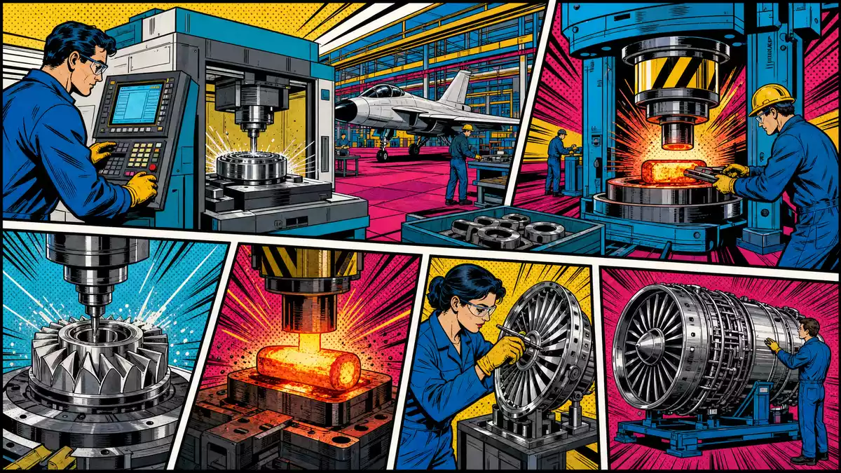 Pop-Art-Comic in Cyan Magenta Gelb mit Arbeitern an CNC-Maschinen und Schmiedepressen im Luft- und Raumfahrtwerk