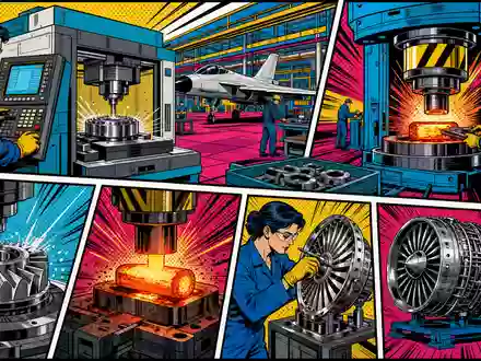Howmet Aerospace US4432011082 farbige Pop-Art-Comic-Szene mit stilisierten Arbeitern an CNC-Maschinen und glühenden Titanschmiedepressen - Foto: THN