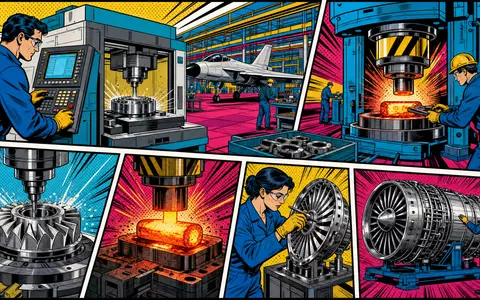 Howmet Aerospace US4432011082 farbige Pop-Art-Comic-Szene mit stilisierten Arbeitern an CNC-Maschinen und glühenden Titanschmiedepressen - Foto: THN