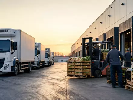 Sysco Corp. (US8718291078) zeigt Fotorealismus mit Lieferwagen an Laderampe eines Foodservice-Verteilzentrums bei Sonnenaufgang - Foto: THN