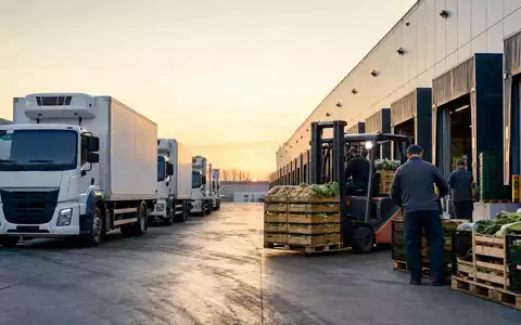 Sysco Corp. (US8718291078) zeigt Fotorealismus mit Lieferwagen an Laderampe eines Foodservice-Verteilzentrums bei Sonnenaufgang - Foto: THN