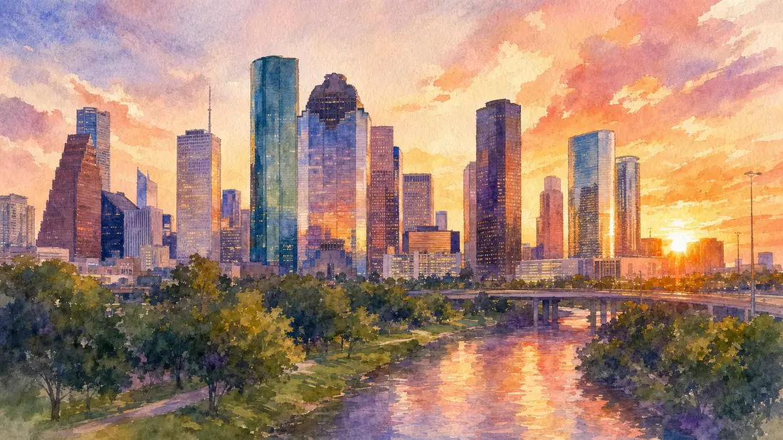 Aquarellmalerei der Houston-Skyline mit Wolkenkratzern bei Sonnenuntergang