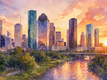Sysco Corp. (US8718291078) als Aquarell dargestellt mit der Skyline von Houston am Firmensitz bei Sonnenuntergang - Foto: THN