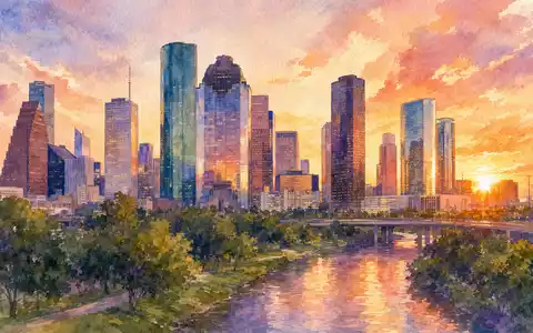 Sysco Corp. (US8718291078) als Aquarell dargestellt mit der Skyline von Houston am Firmensitz bei Sonnenuntergang - Foto: THN
