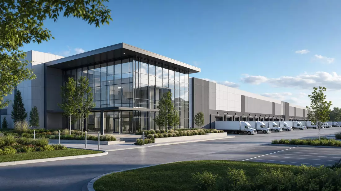 Architektur-Render eines modernen Logistikzentrums mit Glasfassade und weißen Lastwagen