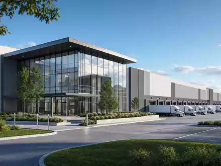 Sysco Corp. (US8718291078) präsentiert als Architektur-Render ein modernes Verteilzentrum mit Glasfassade und Lastwagen - Foto: THN