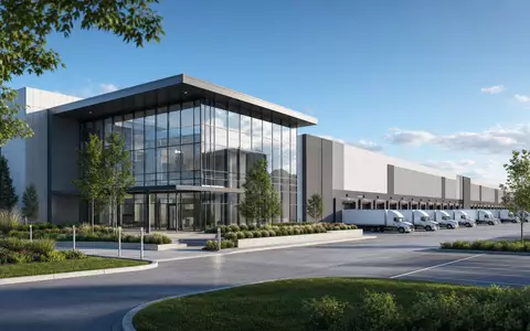Sysco Corp. (US8718291078) präsentiert als Architektur-Render ein modernes Verteilzentrum mit Glasfassade und Lastwagen - Foto: THN