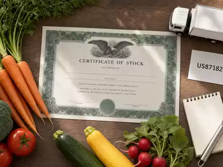 Sysco Corp. (US8718291078) im Flatlay mit Aktienzertifikat, ISIN-Karte US8718291078 und frischem Gemüse arrangiert - Foto: THN