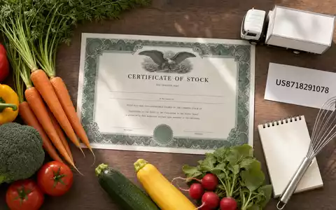 Sysco Corp. (US8718291078) im Flatlay mit Aktienzertifikat, ISIN-Karte US8718291078 und frischem Gemüse arrangiert - Foto: THN
