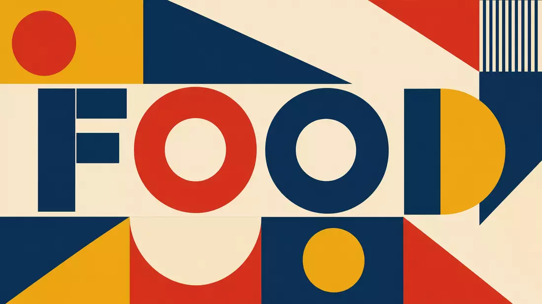 Geometrisches Bauhaus-Poster mit bunten Formen und dem Schriftzug FOOD
