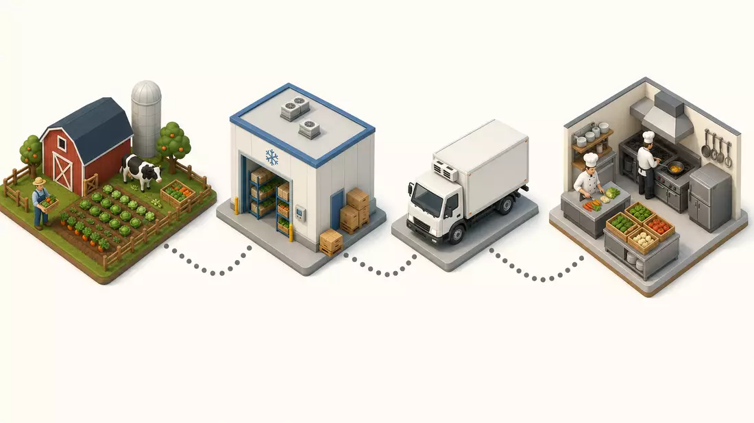 Isometrische 3D-Grafik der Lieferkette von Farm, Lager, Lastwagen bis Küche