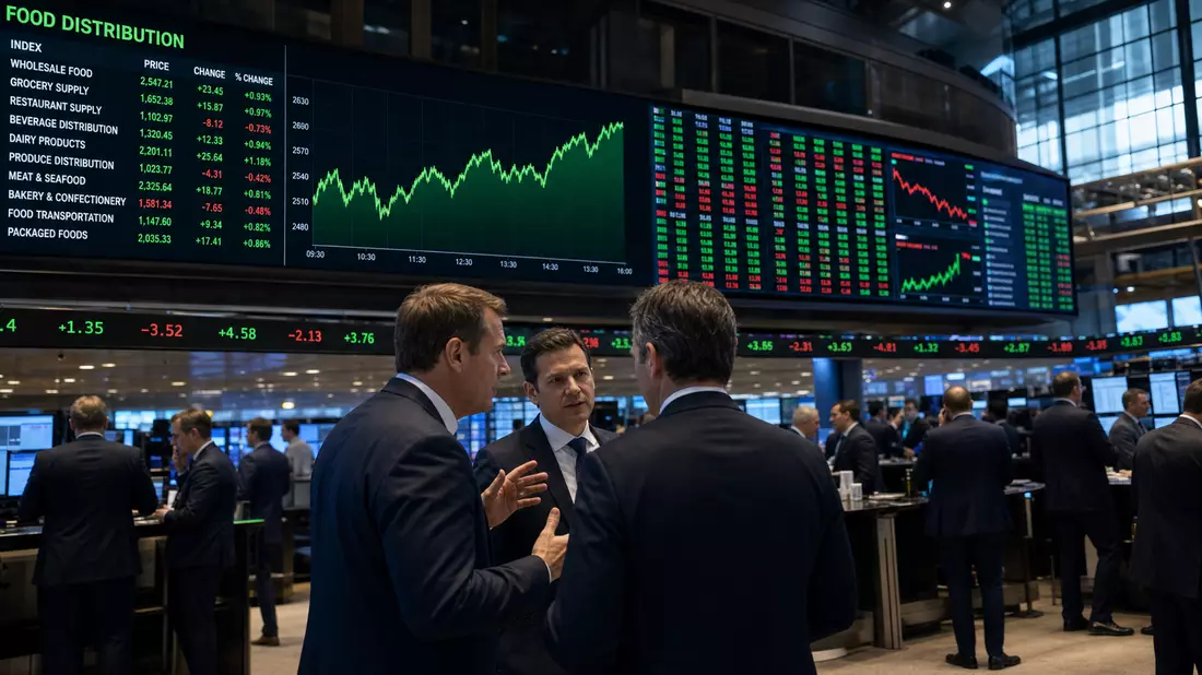 Trading-Floor mit Börsenhändlern und Charts zur Lebensmittel-Distributionsbranche