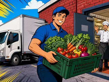 Sysco Corp. (US8718291078) als Pop-Art-Comic mit fröhlichem Lieferfahrer, Gemüsekiste und weißem Lieferwagen dargestellt - Foto: THN
