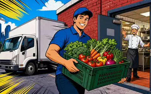 Sysco Corp. (US8718291078) als Pop-Art-Comic mit fröhlichem Lieferfahrer, Gemüsekiste und weißem Lieferwagen dargestellt - Foto: THN