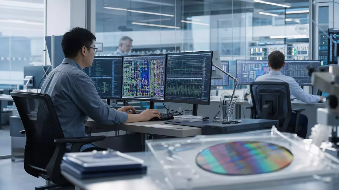 Fotorealistisches Chip-Design-Labor mit Ingenieuren, Bildschirmen und Silizium-Wafer