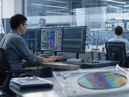 Fotorealistisches Bild zeigt Chip-Design-Labor von Synopsys Inc. (ISIN US8716071076) mit Wafer und Bildschirmen im Halbleiterdesign - Foto: THN