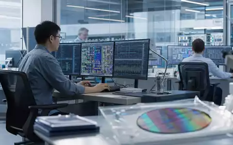 Fotorealistisches Bild zeigt Chip-Design-Labor von Synopsys Inc. (ISIN US8716071076) mit Wafer und Bildschirmen im Halbleiterdesign - Foto: THN