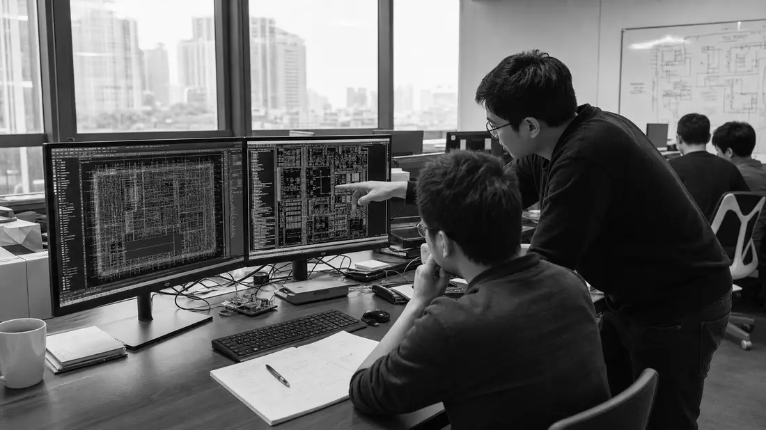Schwarzweiß-Reportagefoto von Ingenieuren bei der Analyse von Chip-Layouts im Büro