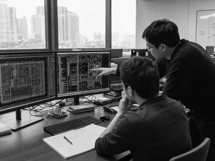 SchwarzweiĂ-Reportage dokumentiert Ingenieure von Synopsys Inc. (ISIN US8716071076) bei Analyse komplexer Chip-Layout-SchaltplĂ€ne im BĂŒro - Foto: THN