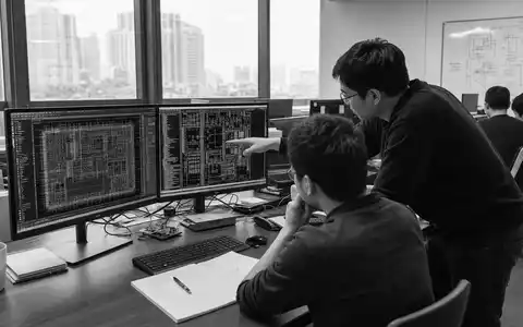 Schwarzweiß-Reportage dokumentiert Ingenieure von Synopsys Inc. (ISIN US8716071076) bei Analyse komplexer Chip-Layout-Schaltpläne im Büro - Foto: THN