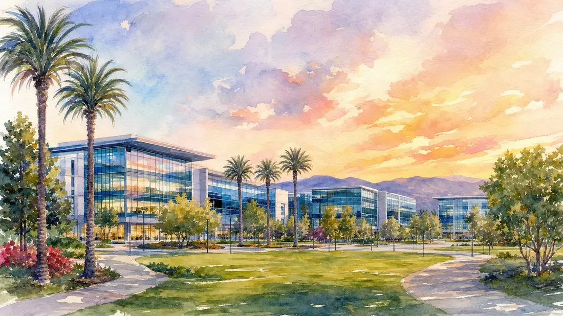 Aquarellbild eines Technologie-Firmencampus mit Palmen bei Sonnenuntergang