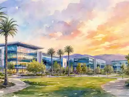 Aquarellmalerei zeigt Firmencampus im Stil von Synopsys Inc. (ISIN US8716071076) mit Palmen bei Sonnenuntergang - Foto: THN