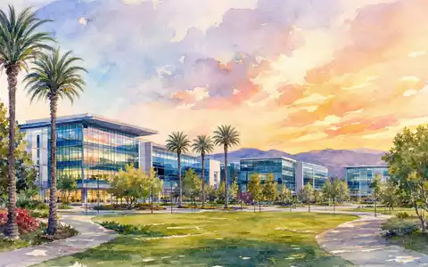 Aquarellmalerei zeigt Firmencampus im Stil von Synopsys Inc. (ISIN US8716071076) mit Palmen bei Sonnenuntergang - Foto: THN