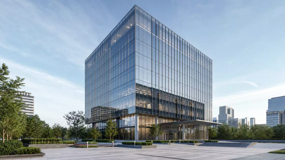 Architektur-Rendering eines modernen Glas-Bürogebäudes als Softwareunternehmens-Hauptsitz