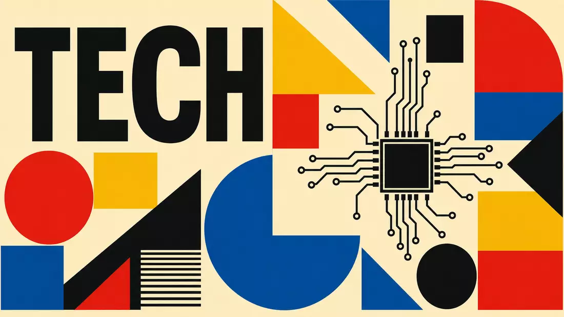 Bauhaus-Poster mit geometrischen Formen, Schriftzug TECH und Chip-Motiv