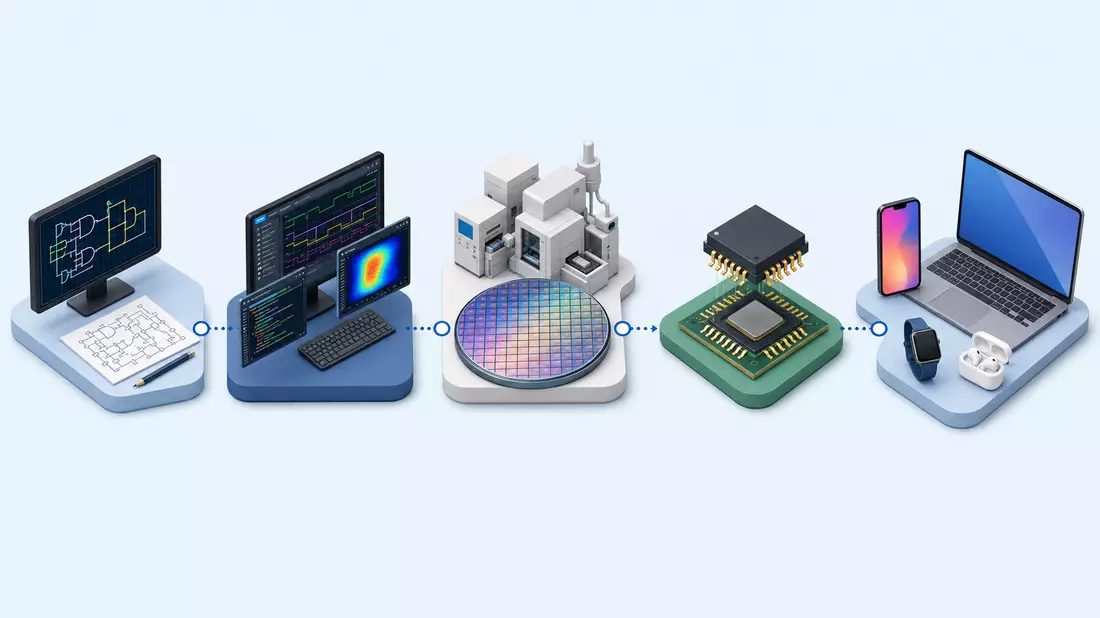 Isometrische Grafik der Wertschöpfungskette von Chipdesign bis Endgerät