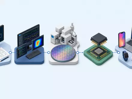 Isometrische 3D-Grafik illustriert Wertschöpfungskette der Chipentwicklung, typisch für Synopsys Inc. (ISIN US8716071076) im EDA-Softwaregeschäft - Foto: THN