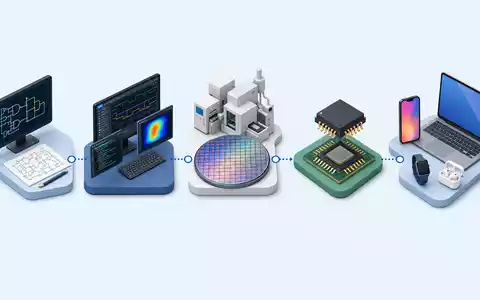 Isometrische 3D-Grafik illustriert Wertschöpfungskette der Chipentwicklung, typisch für Synopsys Inc. (ISIN US8716071076) im EDA-Softwaregeschäft - Foto: THN